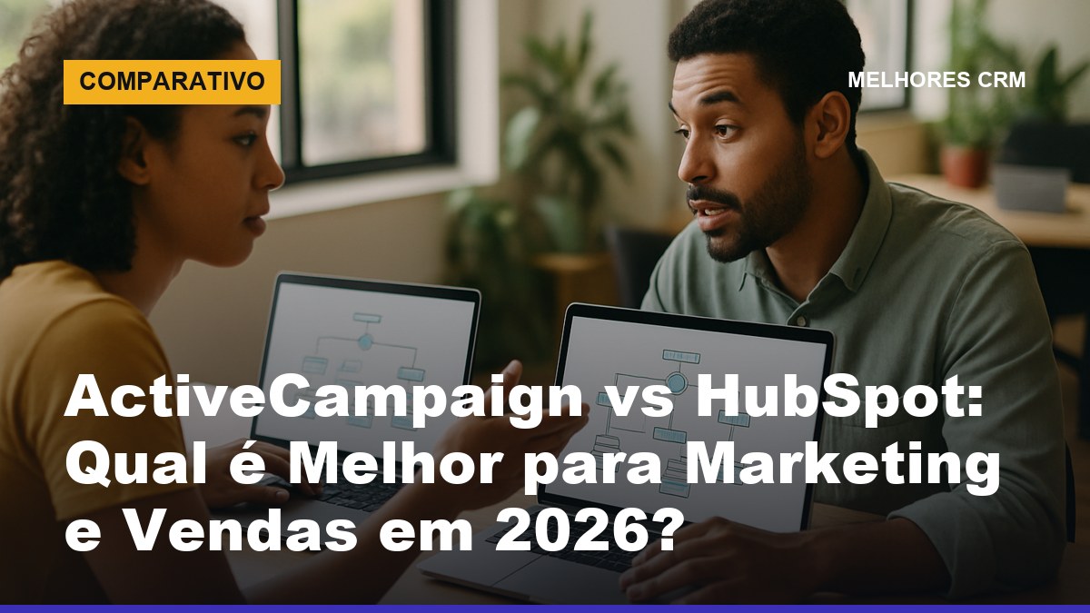 Profissionais de marketing brasileiros comparando ActiveCampaign vs HubSpot em dashboards de automação lado a lado no escritório
