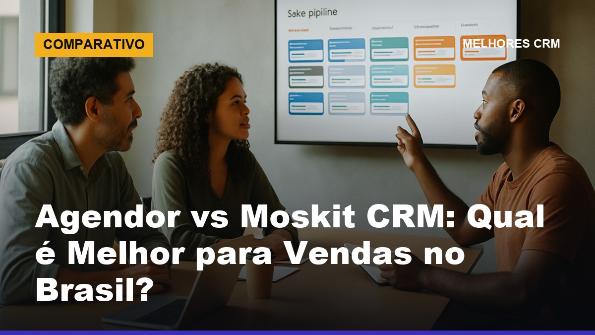 Time de vendas brasileiro revisando pipeline de CRM em tela de sala de reunião
