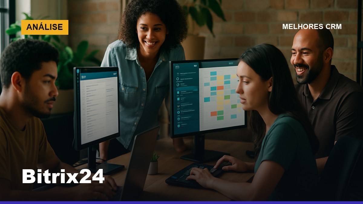 Bitrix24: equipe de pequena empresa brasileira usando plataforma all-in-one com CRM, tarefas e comunicação integrados