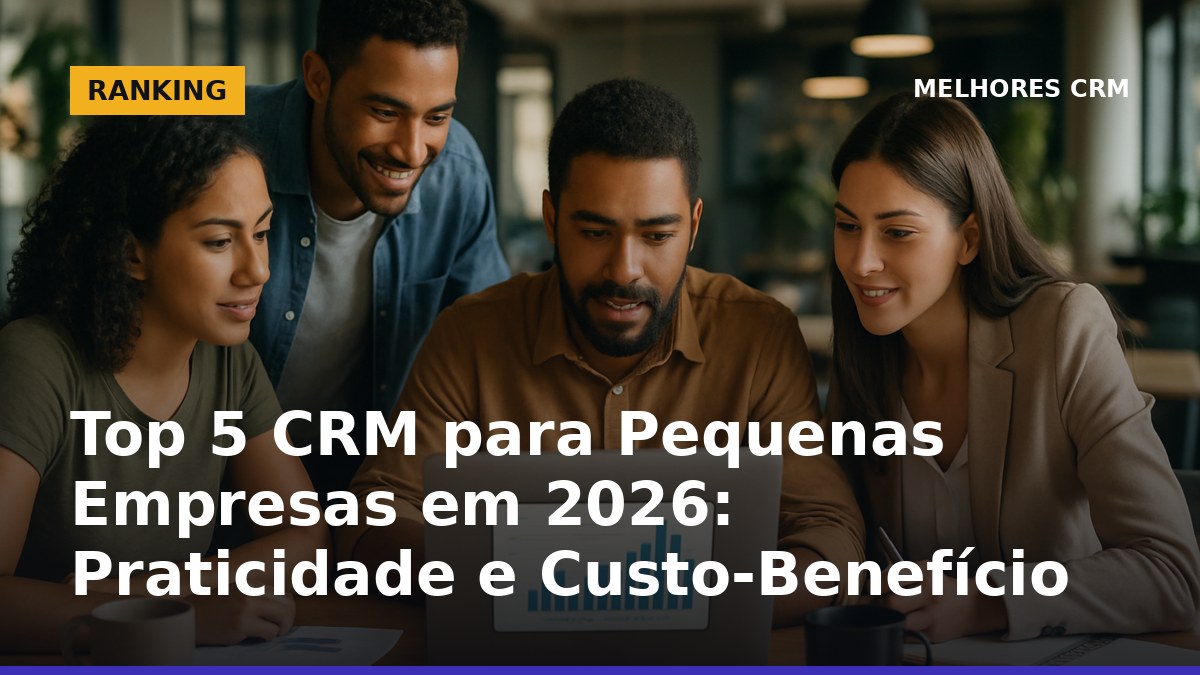 Equipe de pequena empresa brasileira analisando CRM em notebook, buscando praticidade e custo-benefício
