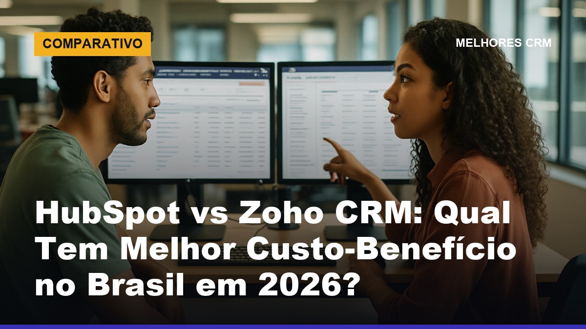 Profissionais brasileiros comparando HubSpot e Zoho CRM em monitores em escritório moderno