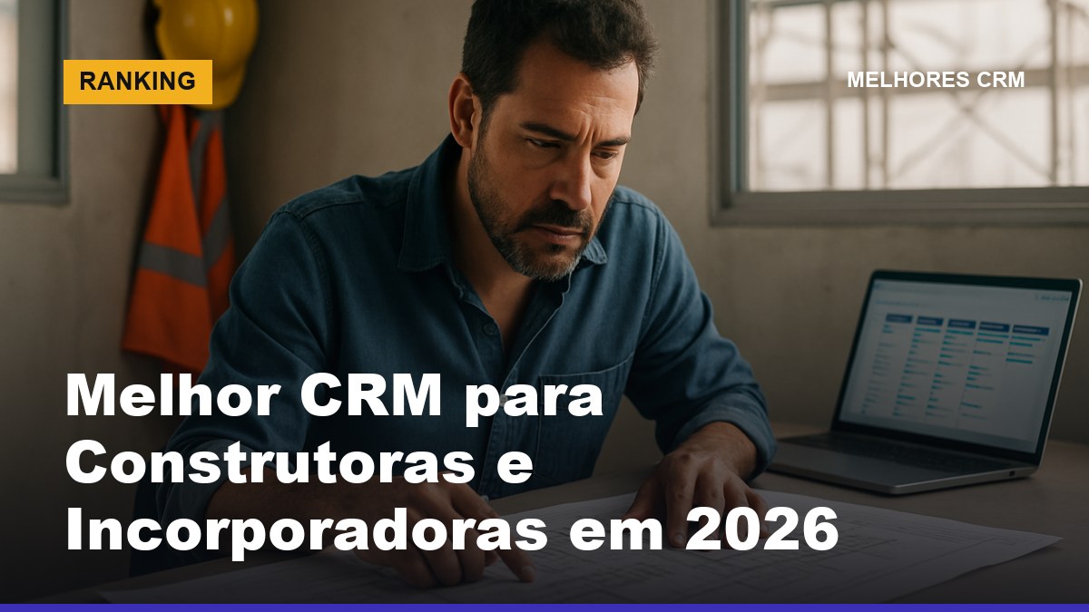 Engenheiro civil brasileiro analisando projetos de obra com CRM aberto em laptop no escritório de canteiro