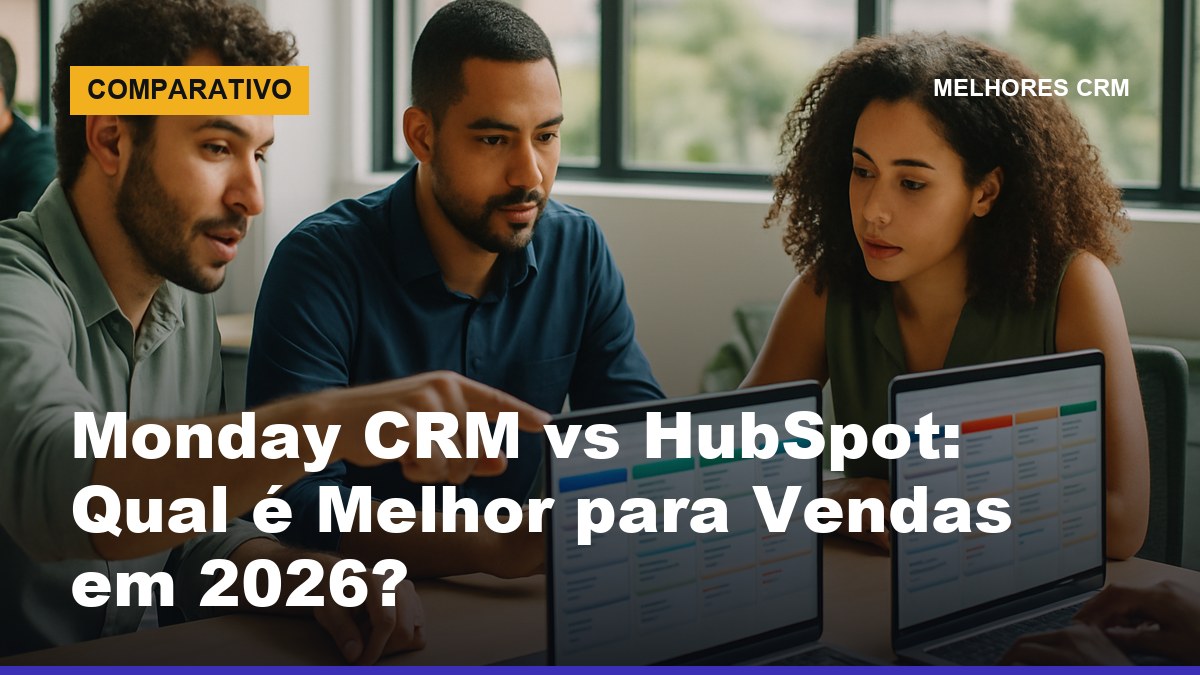 Equipe de vendas brasileira comparando Monday CRM vs HubSpot em telas lado a lado durante reunião de escolha de CRM
