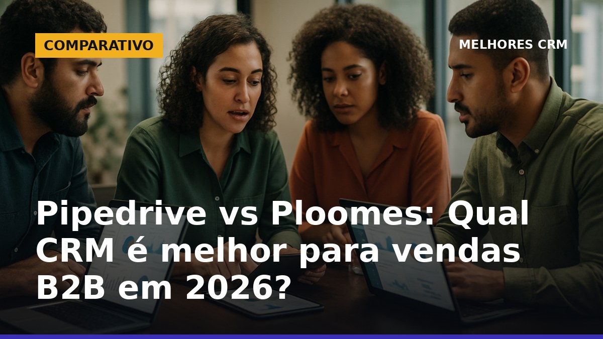 Equipe de vendas B2B no Brasil analisando Pipedrive e Ploomes em laptops para comparar CRMs