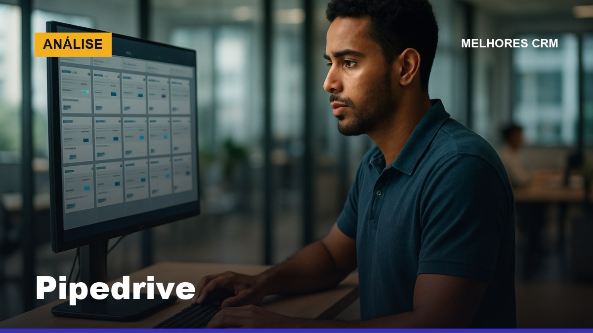 Pipedrive CRM: vendedor B2B brasileiro gerenciando pipeline de negociações no quadro Kanban visual