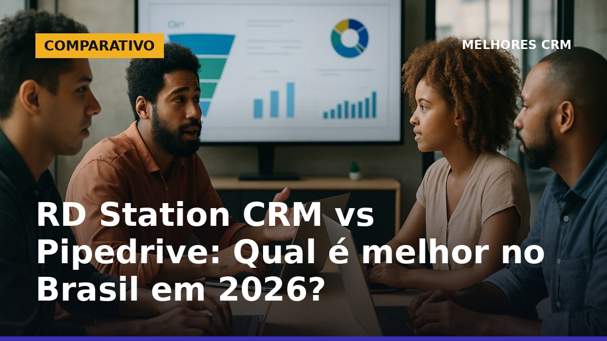 Equipe comercial brasileira comparando RD Station CRM e Pipedrive em reunião com laptops e gráficos