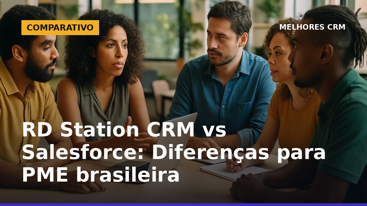 Empreendedores brasileiros comparando RD Station CRM e Salesforce em um escritório moderno