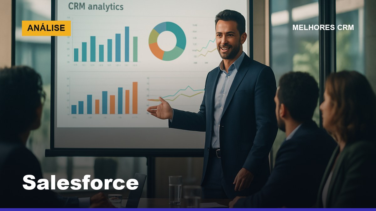 Salesforce CRM: diretor comercial brasileiro apresentando dashboard de análise de vendas para equipe enterprise